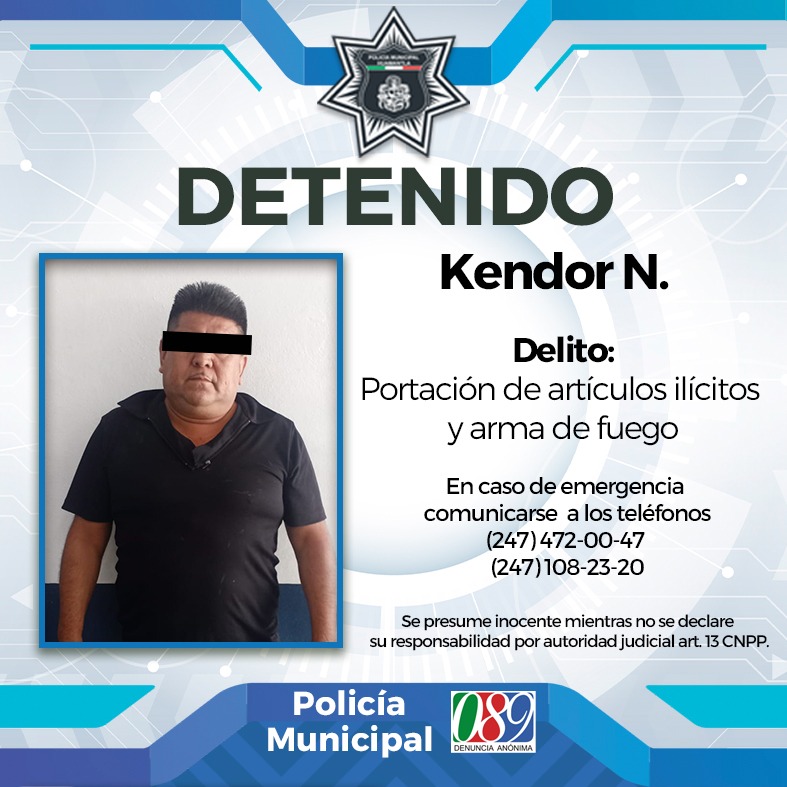 Asegura policía municipal de Huamantla a sujeto con artículos ilícitos y arma de fuego